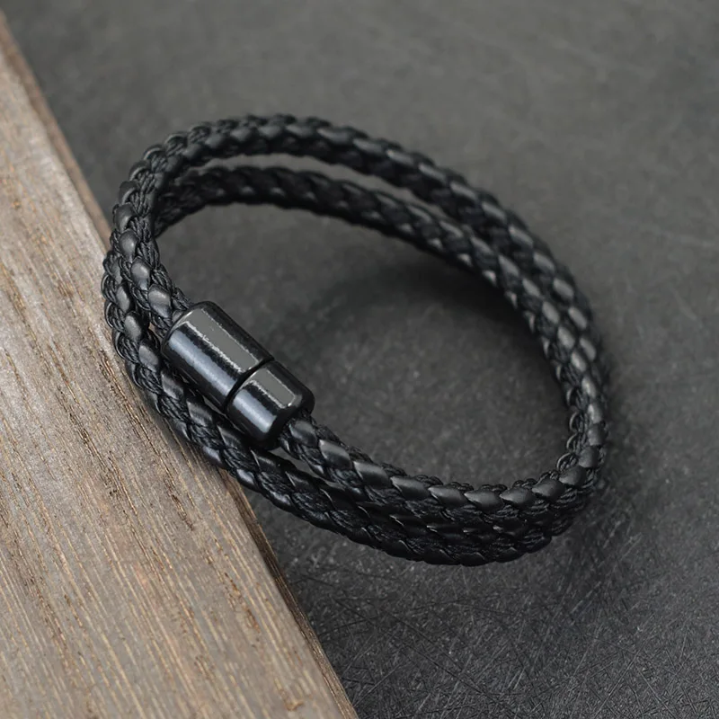 Noter New Minimalist Leather Bracelet For Men Magnet Buckle Handmade Braided Punk Braslet Double Layer Outdoor Survival Braclet - Image 3
