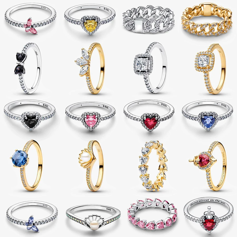 2026 New 925 Silver Sparkling Love Heart Princess Crown Heart to Heart Ring Fashion DIY Charm Jewelry Exquisite Gift 1