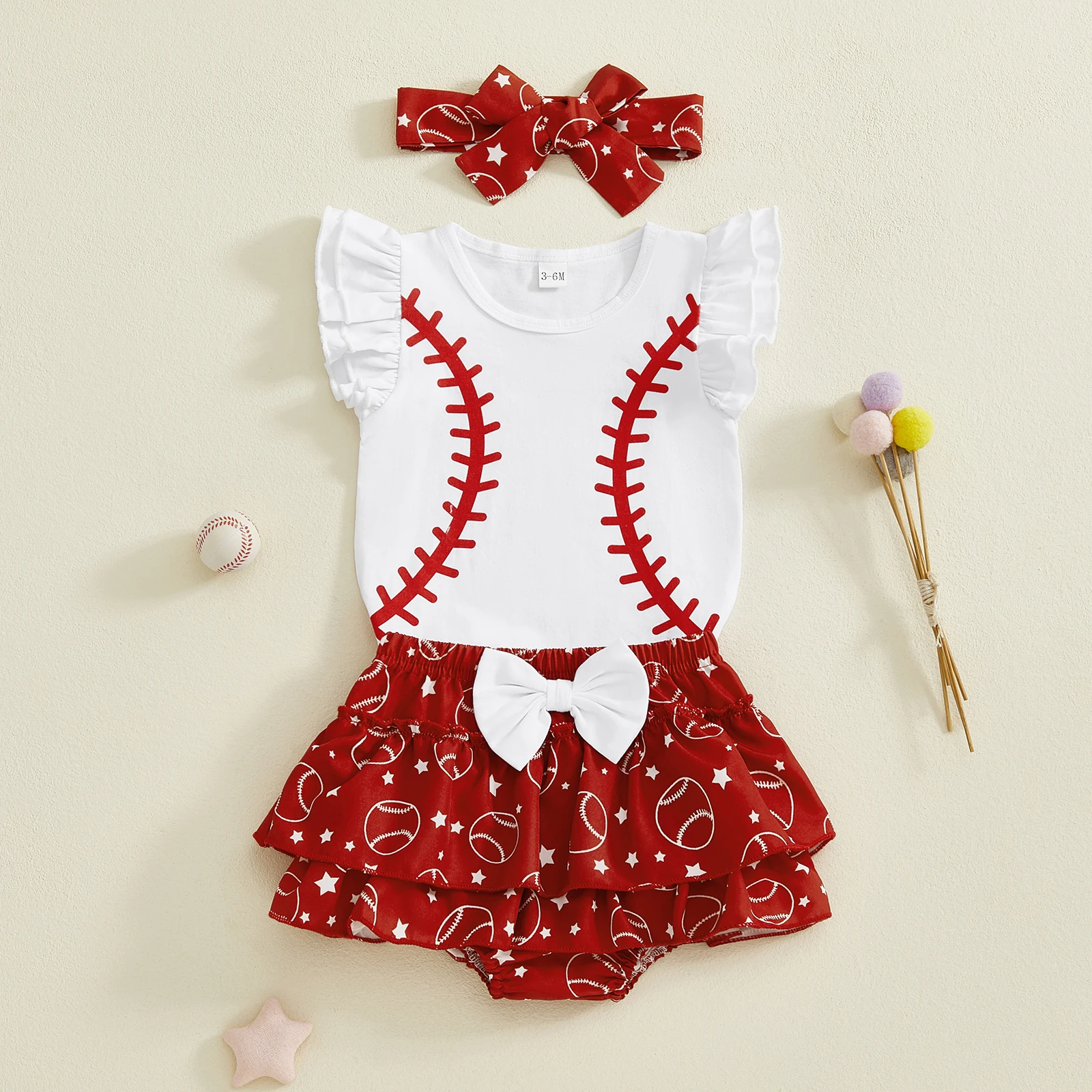 0-18M 여름  소녀 야구 프린트 의상 프릴 민소매 롬퍼 탑 스커트 반바지 머리띠 세트  의류