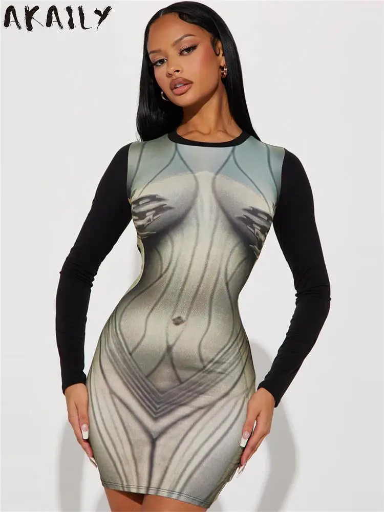 

Akaily Black Fashion Graphic Mini Dress Streetwear Y2k For Women 2023 Fall O Neck Long Sleeve Booty Short Dress Night Club Dress