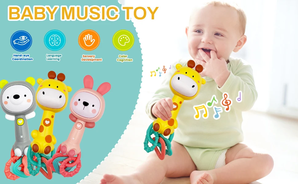 Musical Light Up Music Rattle Toy Teething Ring Sensory Montessori Education Chew Fine Motor Skills Toys for Infants