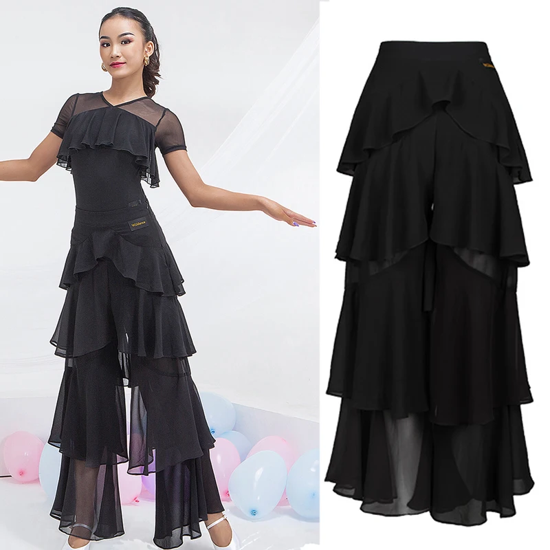 

Latin Practice Clothes Modern Dance Pants Women'S High Waist Four-Layer Ruffled Trousers National Standard Dance Costumes SL4863