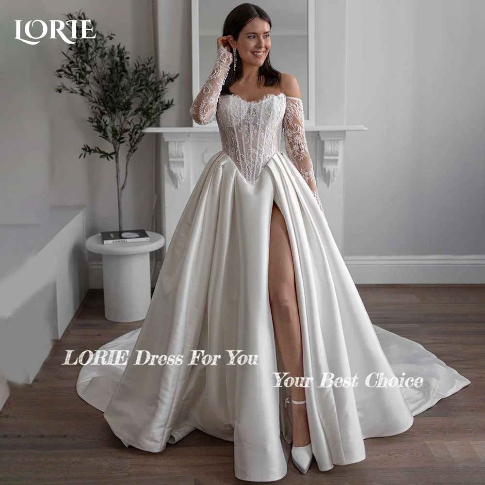 Wedding Dresses LORIE Lace Wedding Dress Sweetheart Split A-line Bride Gown Long Sleeve Appiques Corset Bride Dress vestidos de novia
