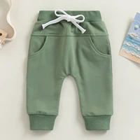 Infant Newborn Baby Boys Sweatpants, Elastic Waist Drawstring Solid Fall Trousers with Pockets for Casual Daily 0-3T 2