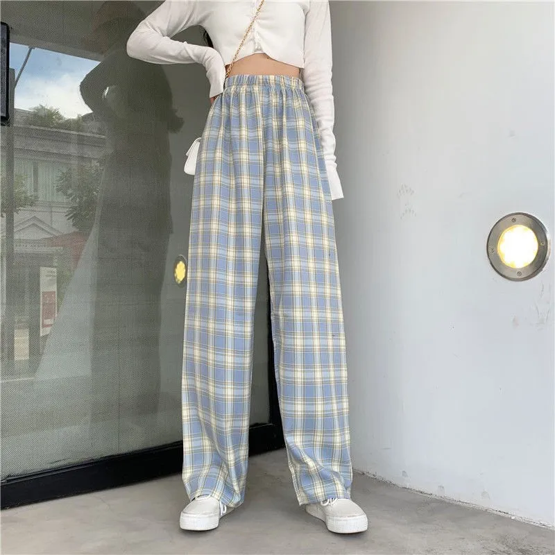 Tanie Plus rozmiar nowa koreańska krata spodnie wiosna jesień zima szerokie spodnie nogi sklep