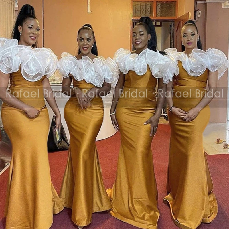 

Ruffles Organza Off Shoulder Bridesmaid Dresses Mermaid Gold Satin Plus Size Women Long Trumpet Wedding Party Dress Formal Gowns