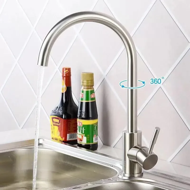 

Kitchen Faucet Brushed Stainless Stee 360 ° Rotating Swan Neck Cold and Hot Mixer Taps Deck Mounted Single Handle Faucet