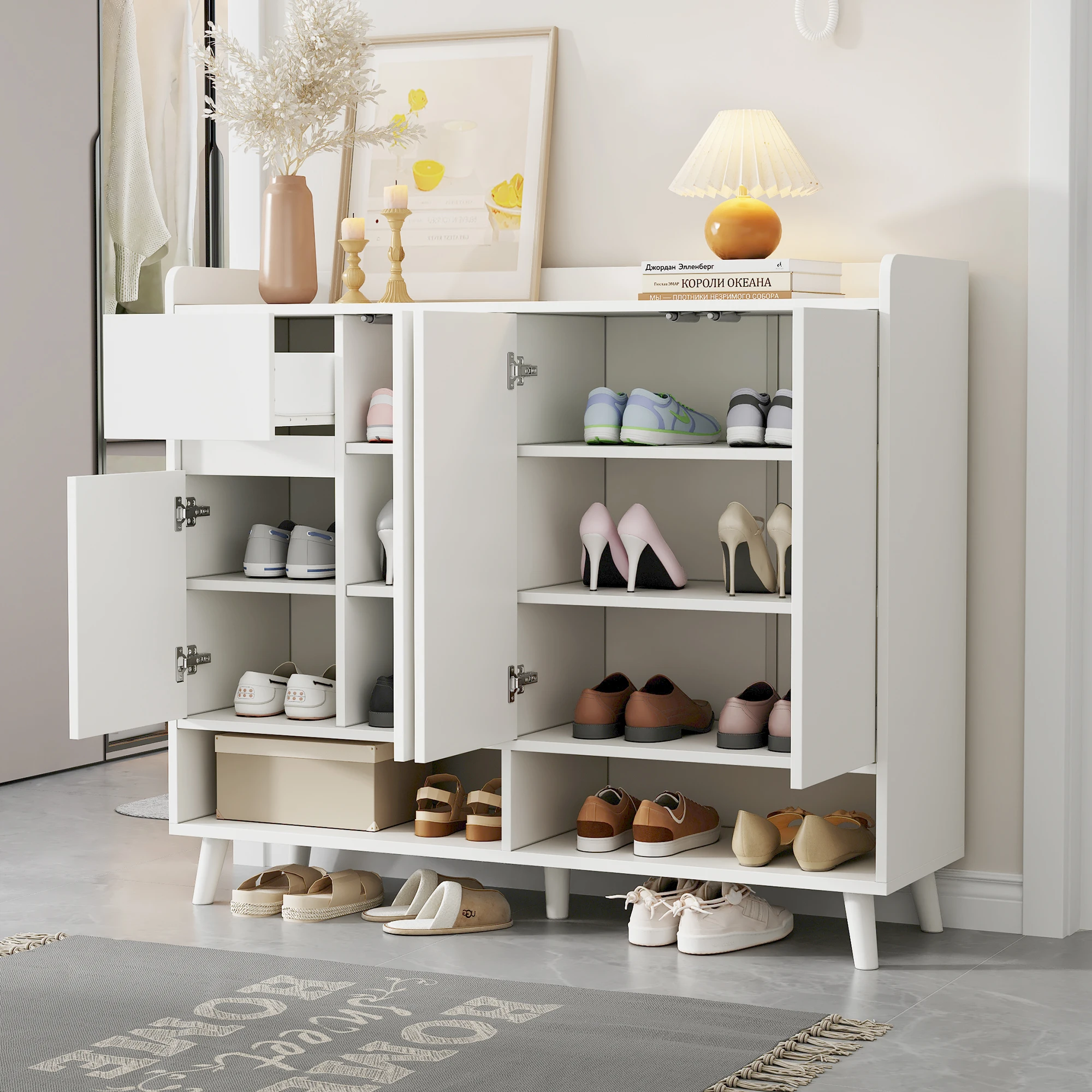 PINGGO Modernes Sideboard, Aufbewahrungsschrank, 4 Türen, 1 Schublade, verstellbares Regal für Küche, Wohnzimmer, Weiß, 120 x 99 x 35 cm – Detail 4