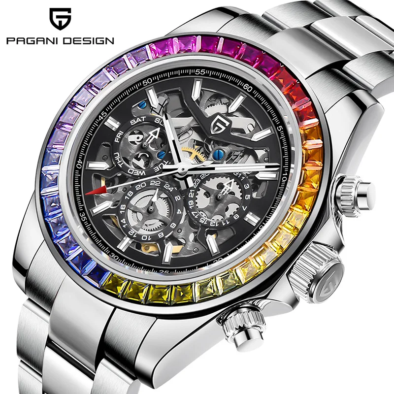 Pagani Design 40Mm Fashion Rainbow Bezel Men Orologio Da Polso Meccanico Luxury Sapphire Glass Hollow Out Orologio Automatico Per Uomo