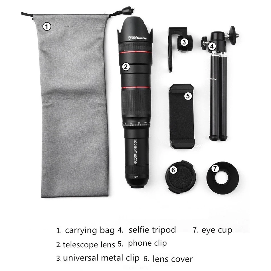 HD 50X 휴대폰 렌즈 카메라 망원 줌 단안 망원경 렌즈, 셀카 삼각대, 모든 스마트폰용, 조절 가능한 휴대폰 렌즈