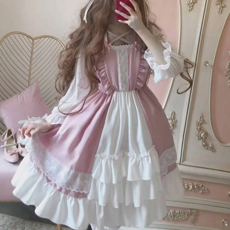 Lolita Sweet Autumn New Women's Square Collar Contrast Color Spliced Lace Ruffles Elegant Slim Long Sleeve Cute A-Line Dress