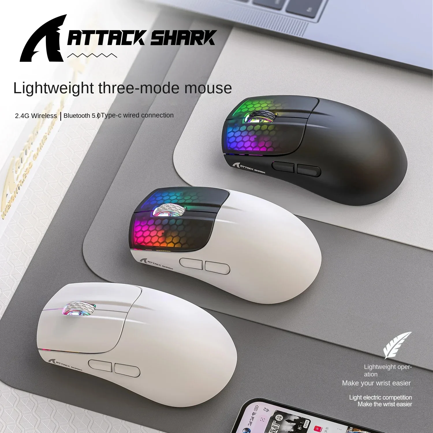 2.4G Wireless Bluetooth 3 Modes RGB PAW3212 Sensor 4000DPI Optical Mouse For PC Laptop Office Gaming Attack Shark X5