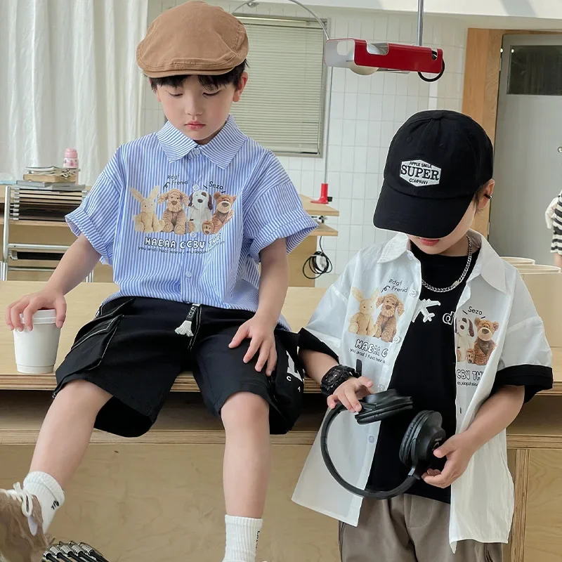 여름 유행 스트라이프 가디건 재킷, 캐주얼 트렌디 어린이 반팔 셔츠, 숲 시스템 소년 티셔츠