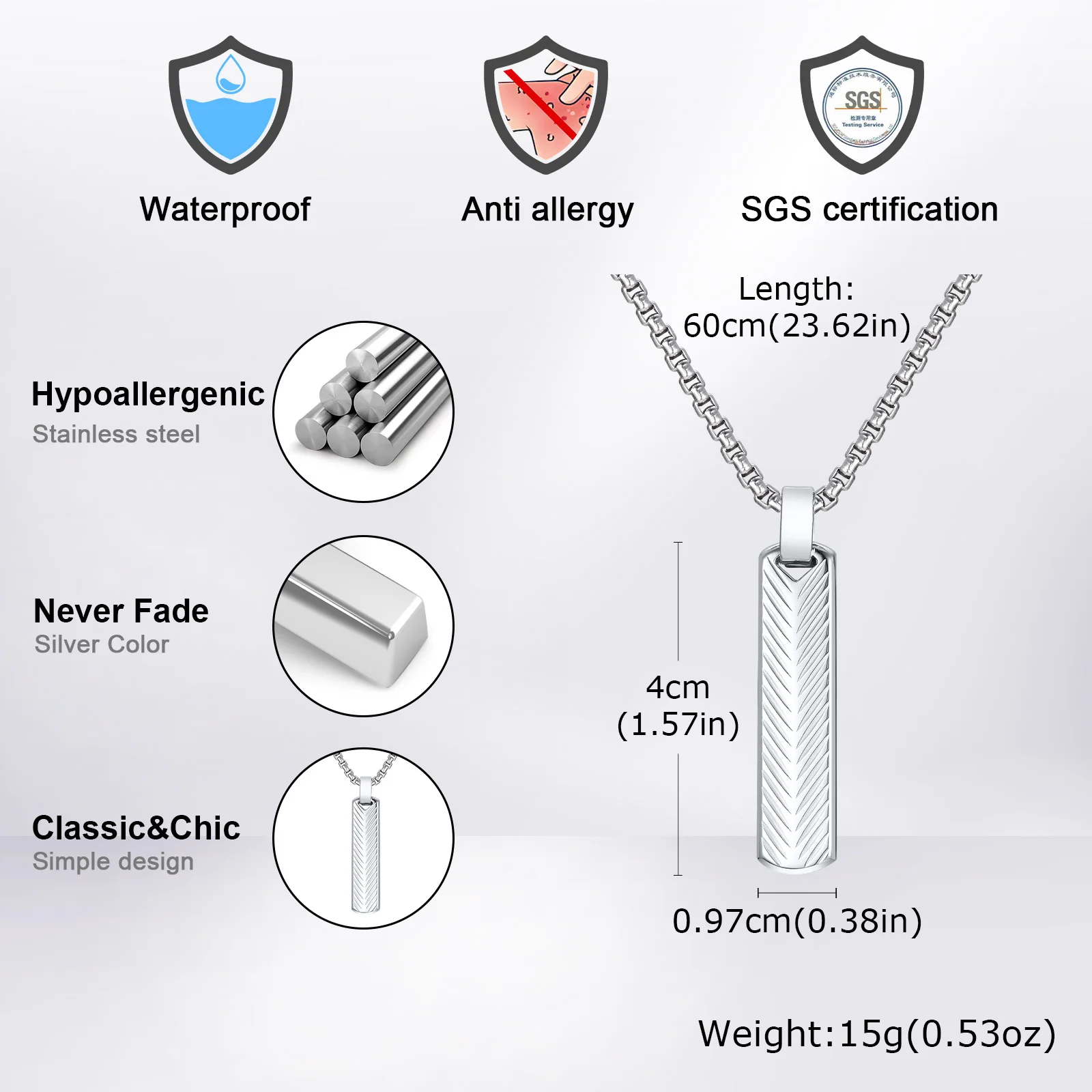 Vertical Long Bar Pendant Necklaces for Men Boys,Stainless Steel Cutting Flower Pendant Necklaces,Casual Jewelry