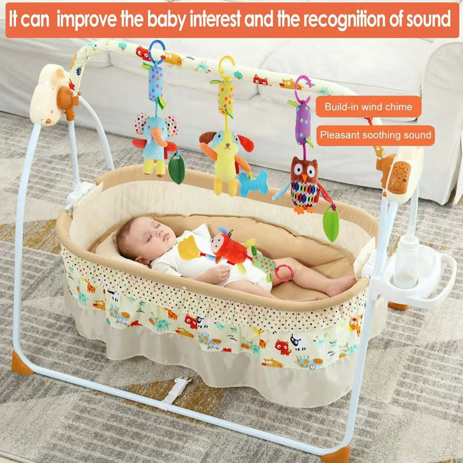 Baby Crib Hanging Rattle Trolley Soft Pendant Teether Sensory Toy Stuff Animal Doll Infant Hanging Bell Newborn Educational Gift