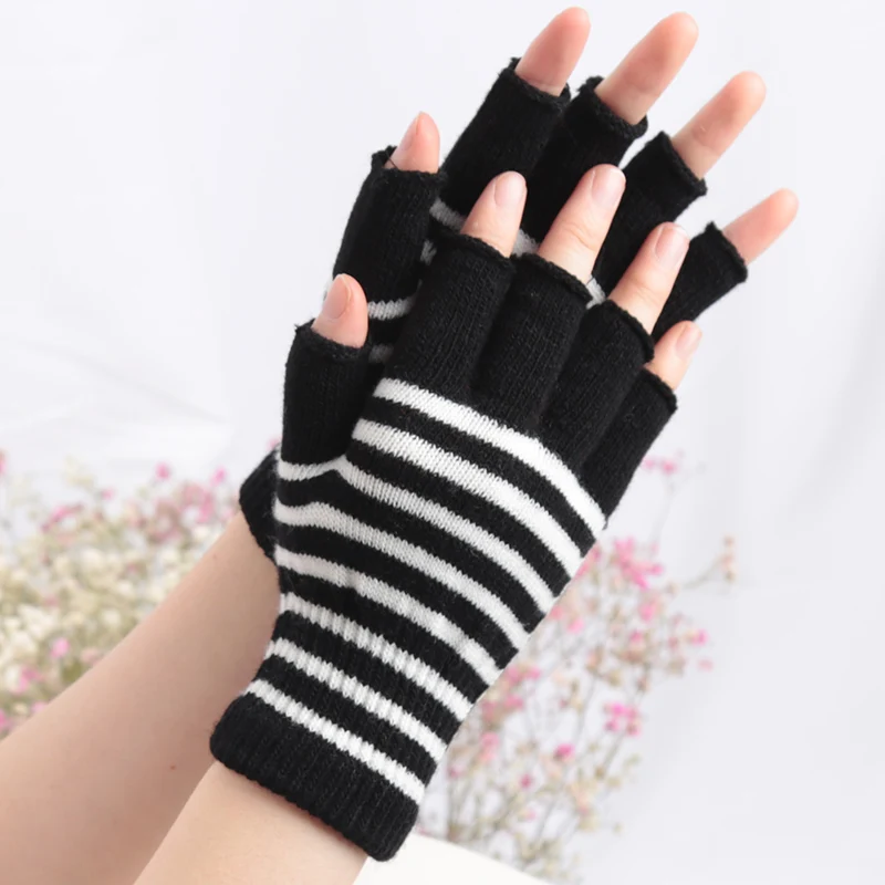 1Pair Black Stripe Half Finger Fingerless Gloves for Women and Men