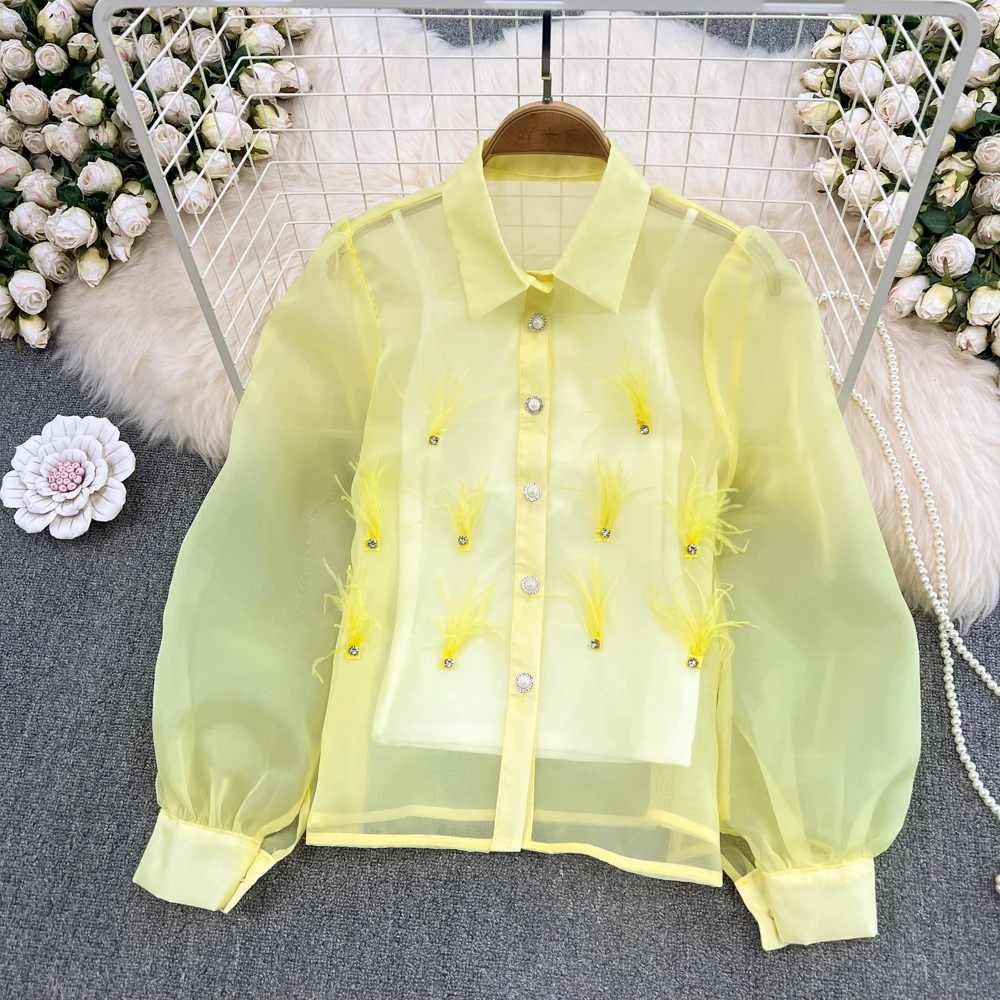 

Fashionable Temperament Diamond-studded Feather Tassel Lapel Puff Sleeve Single-breasted See-through Women's Shirt