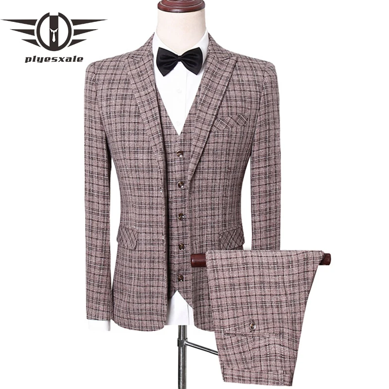

(Jacket+Pants+Vest) 2022 Men's Suits Two Splits Men Wedding Suit Slim Fit Groomsmen Tuxedos 3 Piece Handsome Business Wear Q865