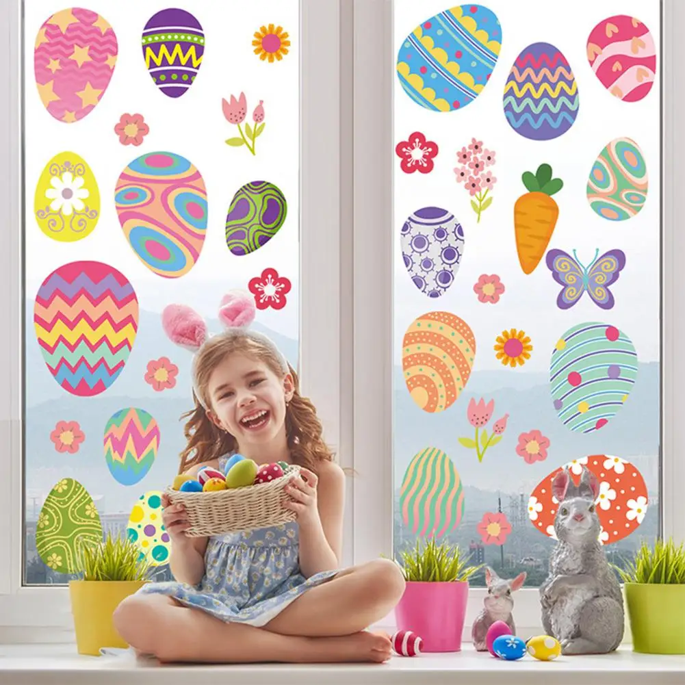 2 Pcs Easter Egg Bunny Window Stickers Self-Adhesive Reversible Design Vibrant Color Decorative Window Decals
