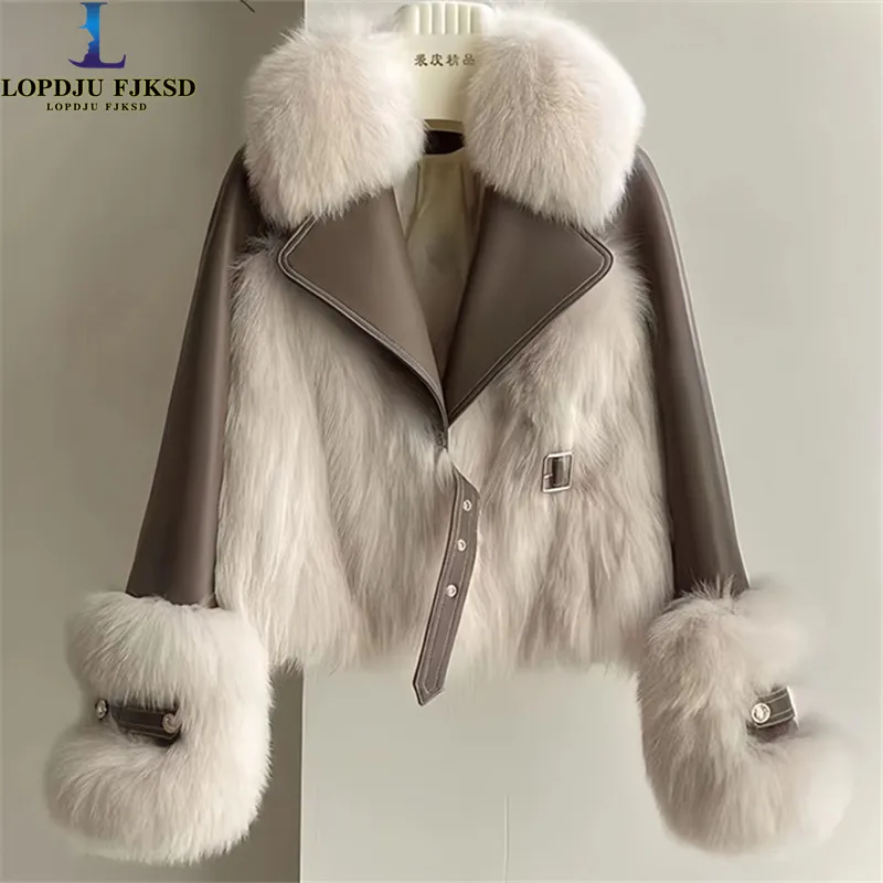 

Women's Faux Fox Fur Collar Coat, Spliced PU Jacket,Belt Overcoat, Thicken Warm Clothes, High Quality, Korean, Winter