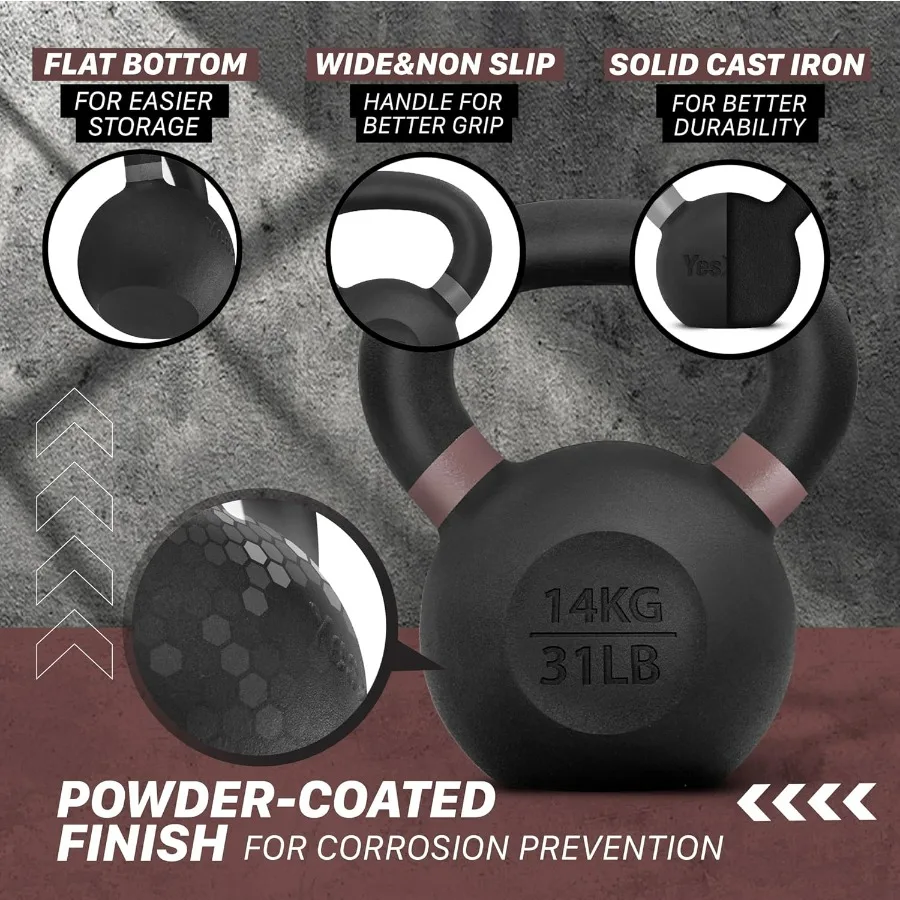 31lb - Single,Powder Coated Kettlebell, Cast Iron Core Kettlebells with Non-Slip Handle & Flat Bottom for Conditioning, Heavy Du
