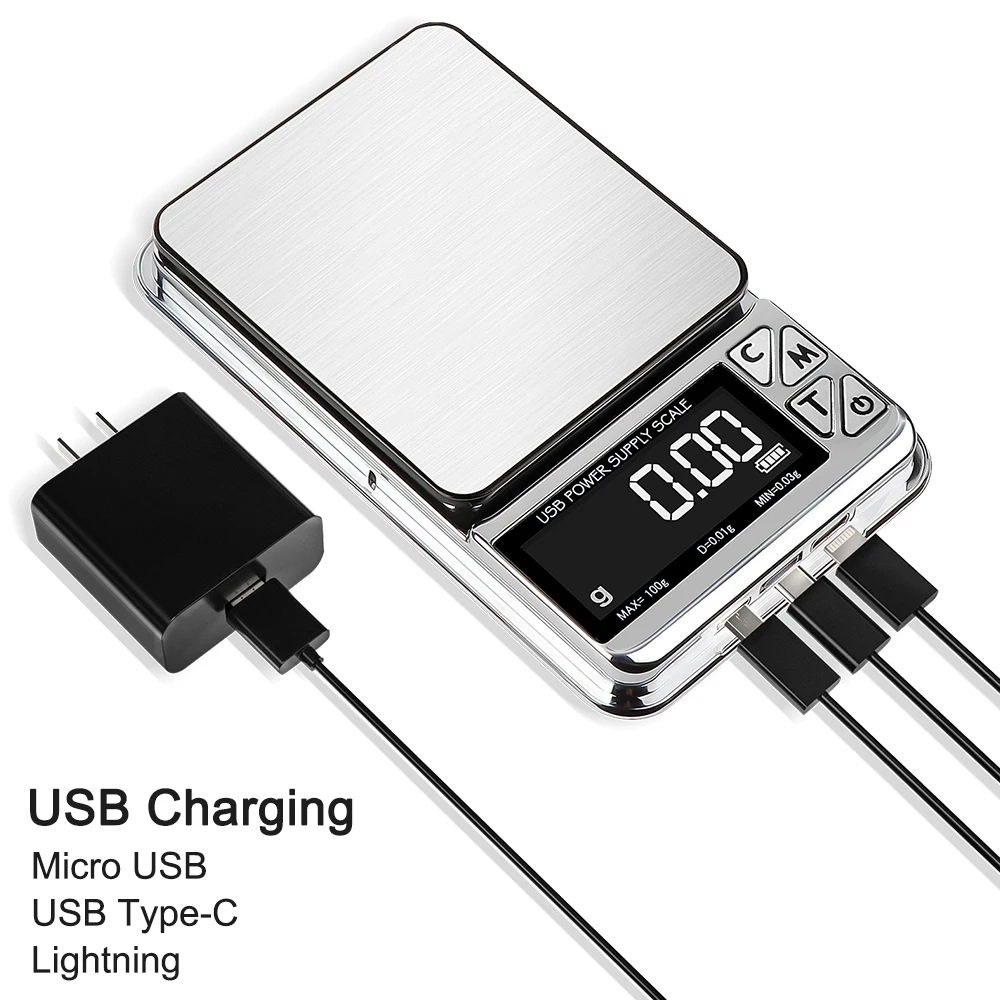 디지털 LCD 고정밀 USB 충전 스테인리스 전자 포켓, 주방 체중계 쥬얼리 저울, 100g, 500g