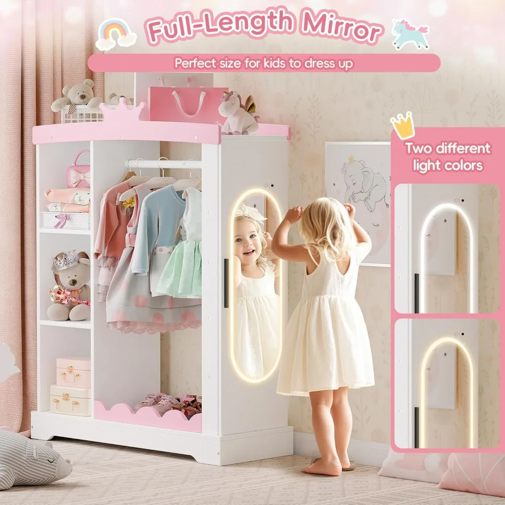 Kids Armoire with Jewelry Cabinet, Dress up Storage with Mirror and Shelves, Princess Dress Closet and Costumes Wardrobe Closet