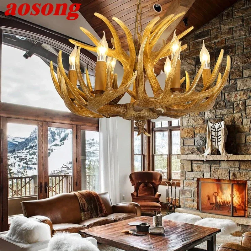 

AOSONG Nordic Antler Pendent Lamp American Retro Living Room Dining Room Villa Coffee Shop Clothing Store Decoration Chandelier
