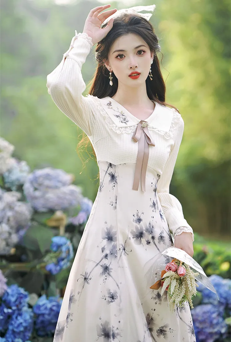 Vintage Romantic Ink Print Dress Woman Retro French Style Lace