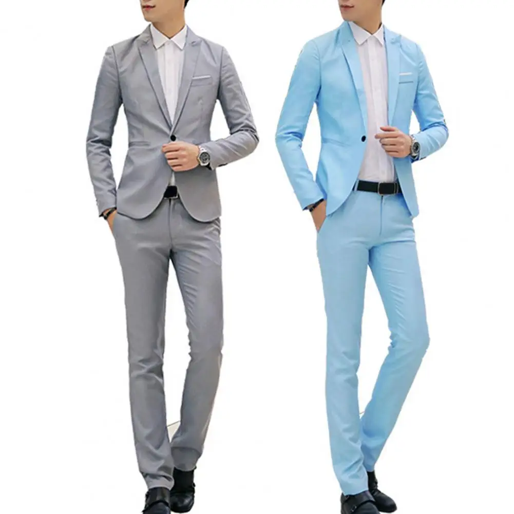 Men Pants Set Men's Spring Autumn Business Suit Set with Lapel Slim Fit Pants Solid Color Single Button Design with for A
