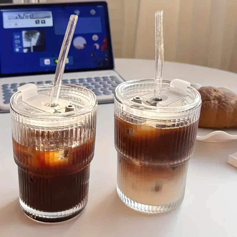 Glass Cup 1/2PCS 450ml Stripe Glass Cup Transparent With Lid and Straw Ice Coffee Mug Tea Cup Juice Glass Milk Water Drinkware