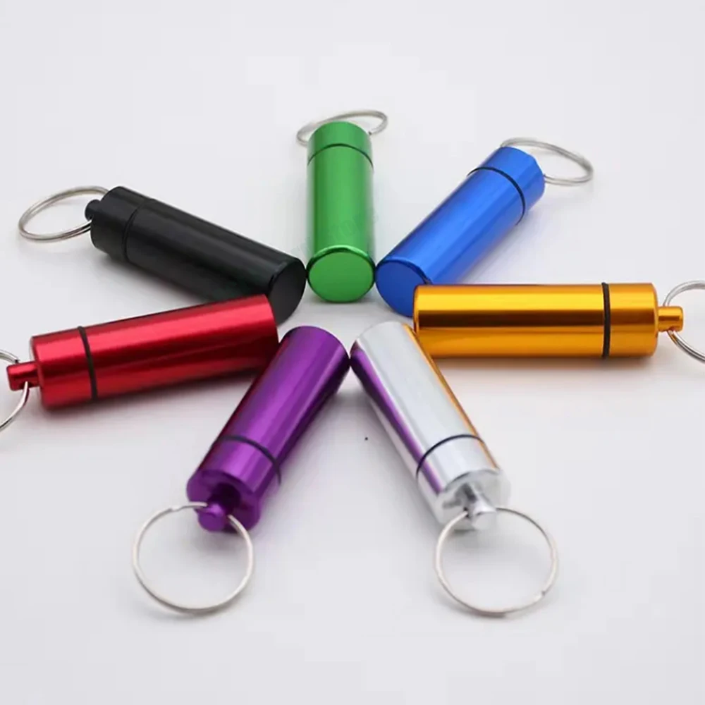 1Pce Color Outdoor Waterproof Aluminum Alloy Mini Pill Bottle Keychain Portable Pill Storage Container