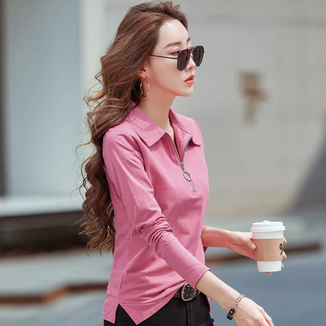 Korean Style cotton polo shirts women fashion long sleeve candy color zipper turn down neck polo t shirt for women 2023 2