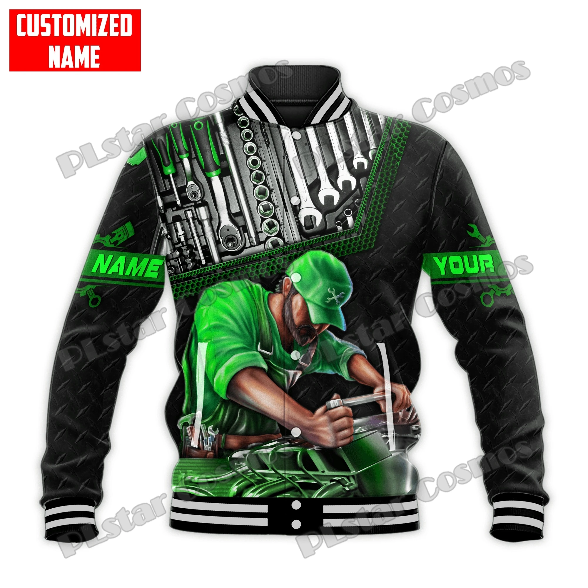 Personalized Name Mechanic Pattern 3D Printed Fashion Mens Baseball Varsity Jacket Unisex Casual Winter Baseball Jacket BQF03