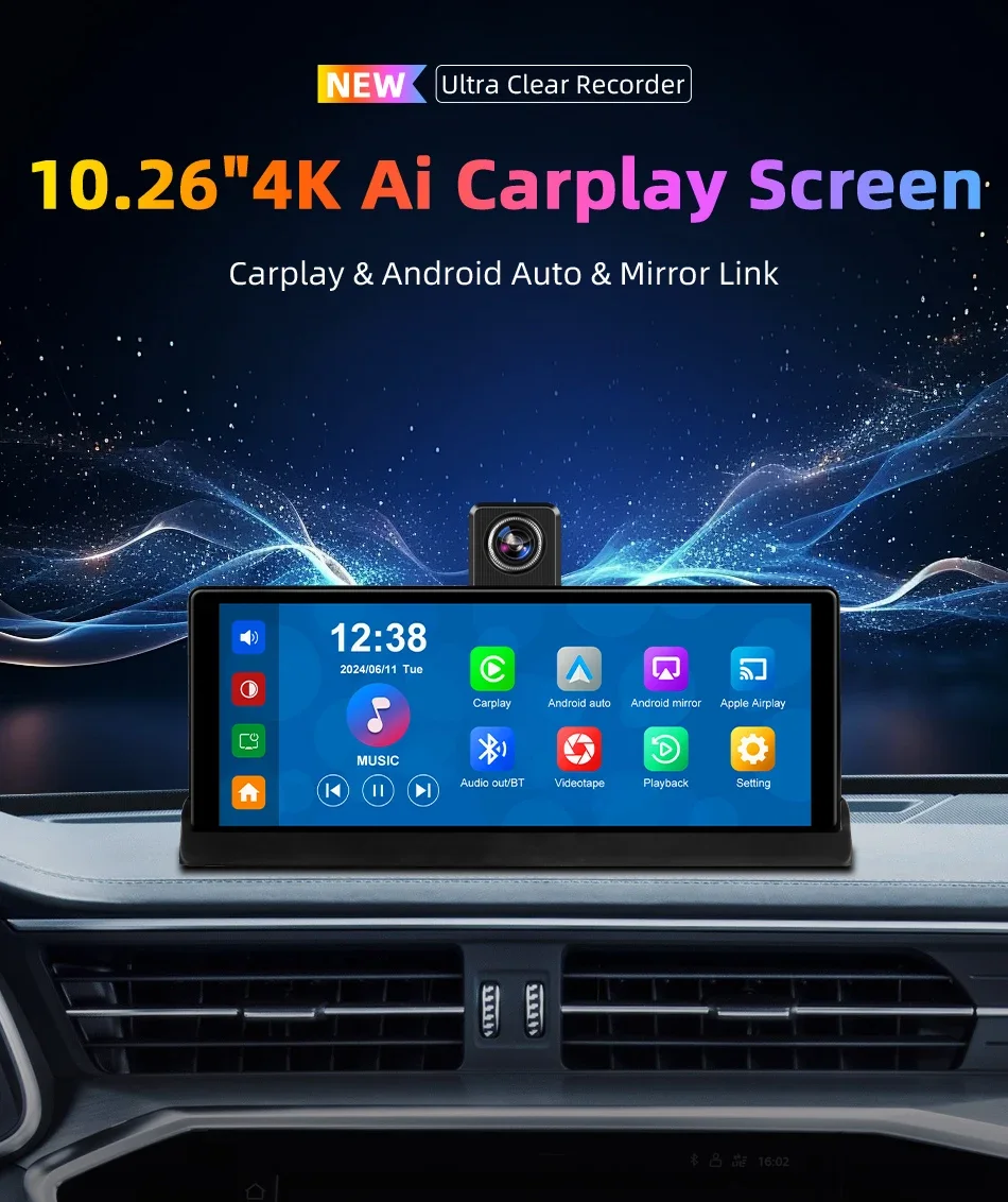 Srnubi 10,26 Zoll 4K Auto DVR Carplay Android Auto 360 ° Rotation Dual Lens Dashcam LKW Kamera Fahrrekorder WIFI FM BT – Detail 4