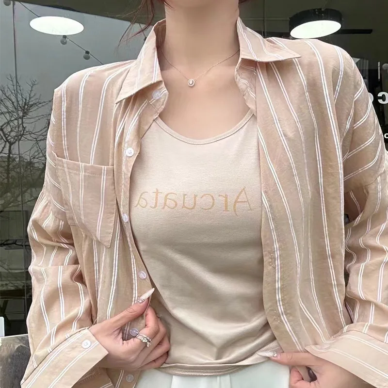 Summer 2024 New Aesthetic Loose Retro Chinese Style Office Lady Shirts Cotton Linen Black Striped Shirt Collar Short Sleeve Top
