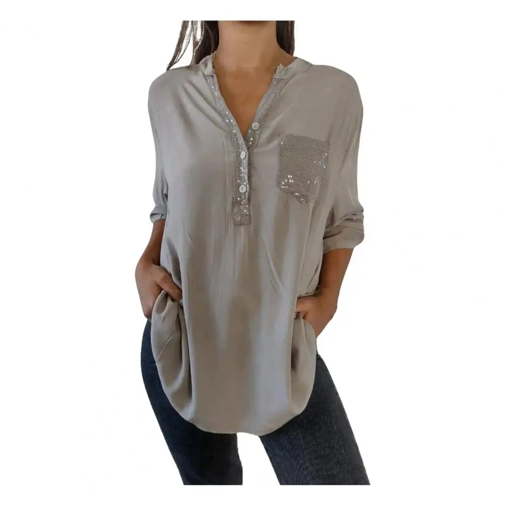 

Women Solid Color Shirt Stylish Women's V-neck Sequin Shirt with Button Detail Loose Fit Solid Color Top with for Mid-length