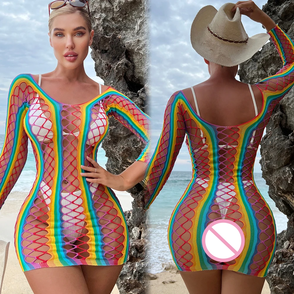 Ladies Rainbow Mini Beach Wear Rete Da Pesca Erotica Hollow See Through Net Clothes Tute Aderenti Trasparenti Sexy Da Donna