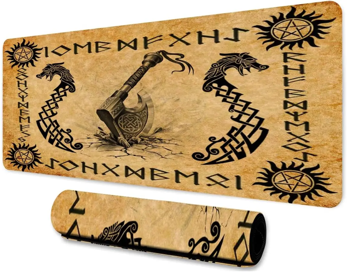 

Коврик для мыши с мифологическими рунами Viking Axe, Нескользящий Резиновый коврик для мыши со сшитыми краями, водонепроницаемый коврик для мыши для офиса 31,5x11,8 дюймов
