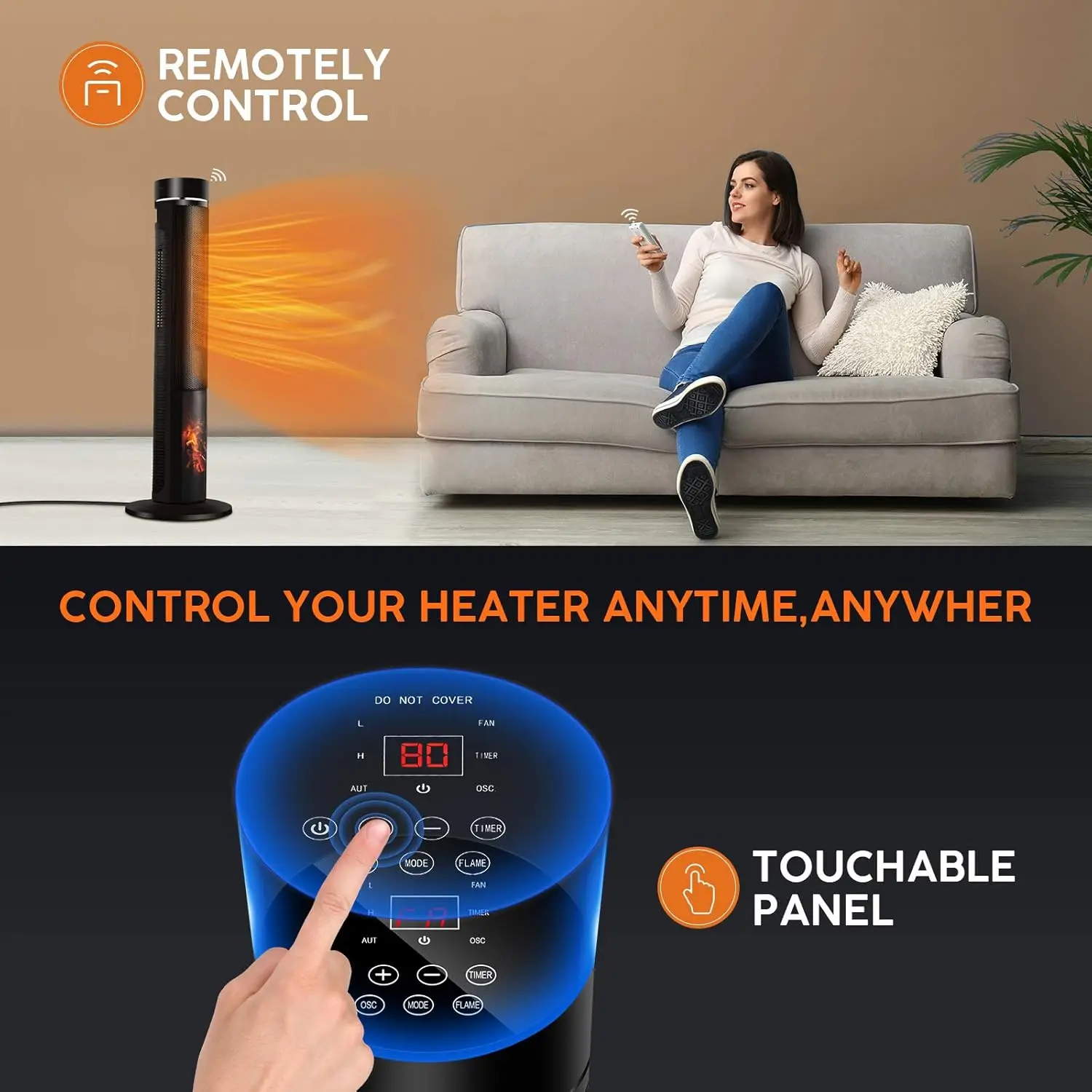 Space Heater for Large Room-36" Ceramic Tower Space Heater for Room Heating w/Thermostat, Fast Heating, 3D Realistic Flame, Os