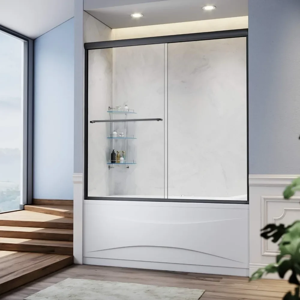 60 in. W X 57 in. H Shower Doors, 1/4 in. Clear Glass, Black Hardware, Double Sliding Glass Shower Doors 3