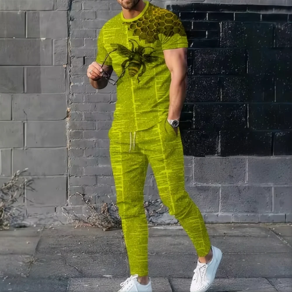 Summer fashion new striped simplest bee pattern 3D printed fashion short sleeved T-shirt long pants men's set 6