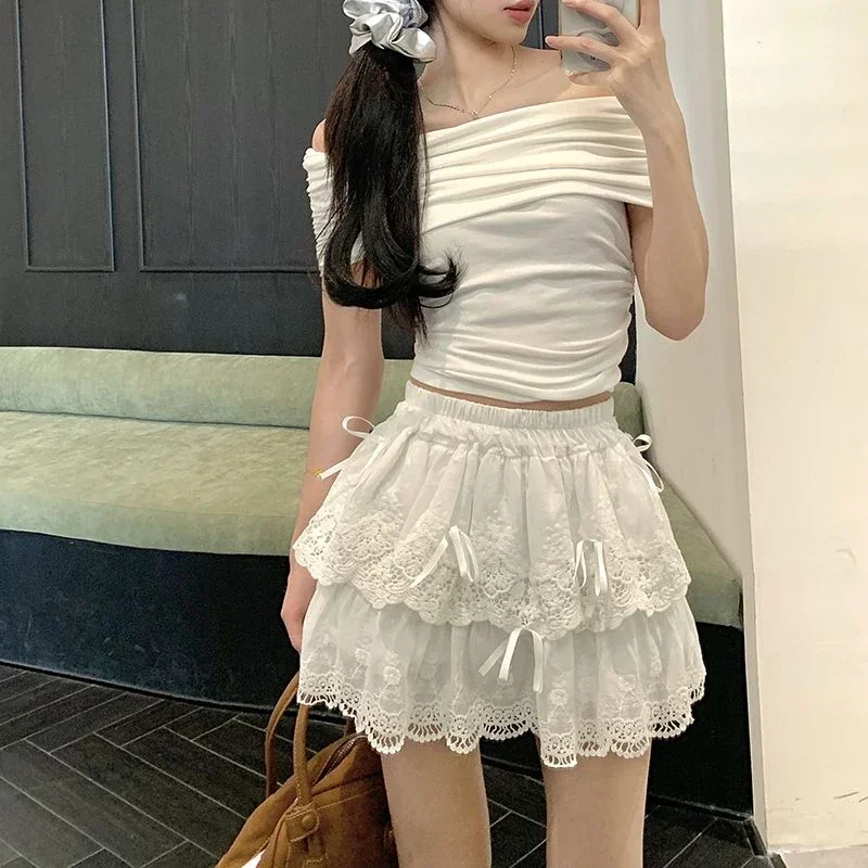 Deeptown Coquette White Lace Short Skirt Ruffle Women Sweet Bow Kawaii Mini Skirts Patchwork Layered A-line Aesthetics Skirt 2