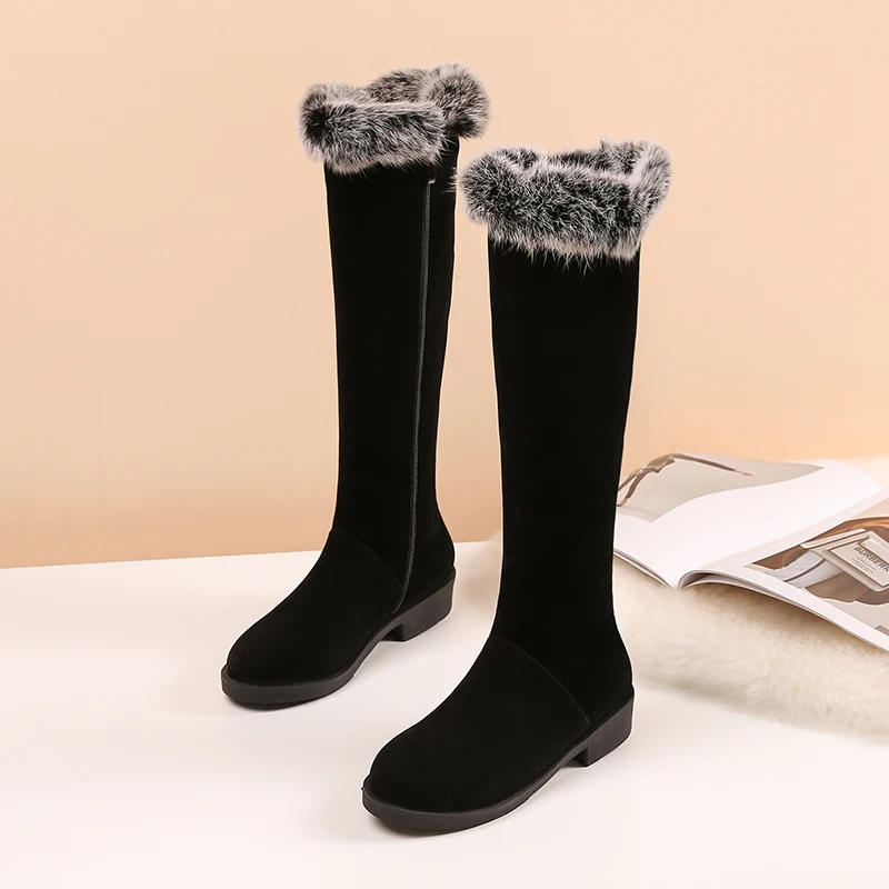 

Plus Size Frosted Float Material Faux Fur Knee High Boots With Thick Plush Lining On The Side Zipper For Women's Long Boots