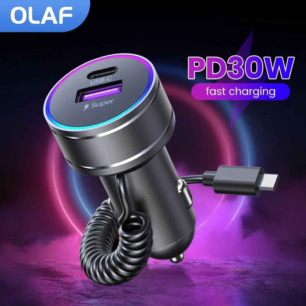 

PD30W автомобильное зарядное устройство USB, быстрая зарядка QC3.0 USB Type C, автомобильное зарядное устройство для телефона для iPhone, Xiaomi, Samsung, Huawei с кабелем для быстрой зарядки