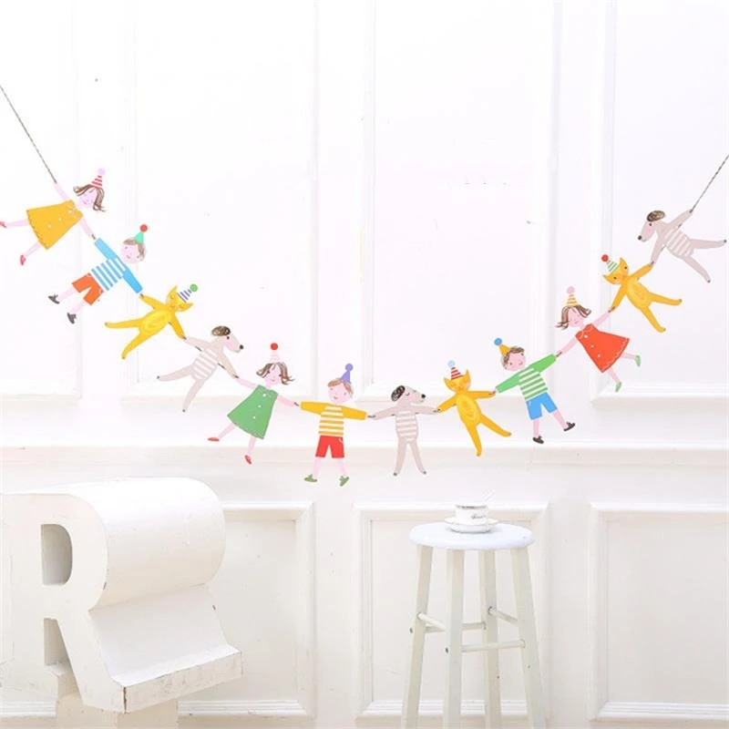 

Cute Hands In Hands Boy Girl Cat And Dog Cartoon DIY Bunting banner Decorative Paper Flag Decorations For Children's Birthday