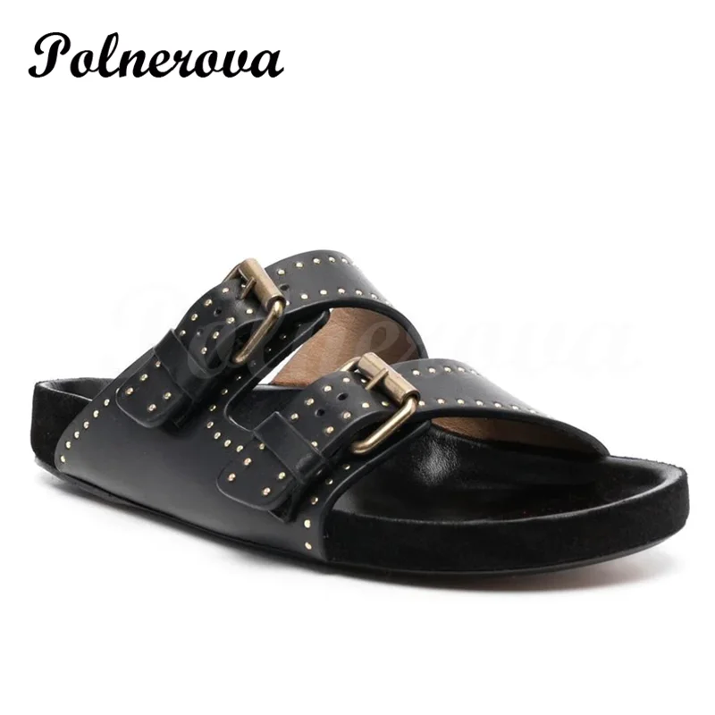 Fashion Rivet Leather Flat Comfortable Slippers Outerwear Beach Shoes Women's Vacation Flip Flops Comfortable Casual Sandals
