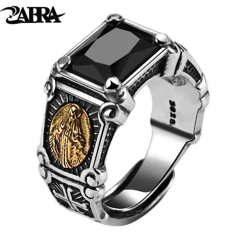 

ZABRA Vintage Real 925 Sterling Silver Black Stone Ring Man Women Virgin Mary Rings Cubic Zirconia Onyx Jewelry Open Size