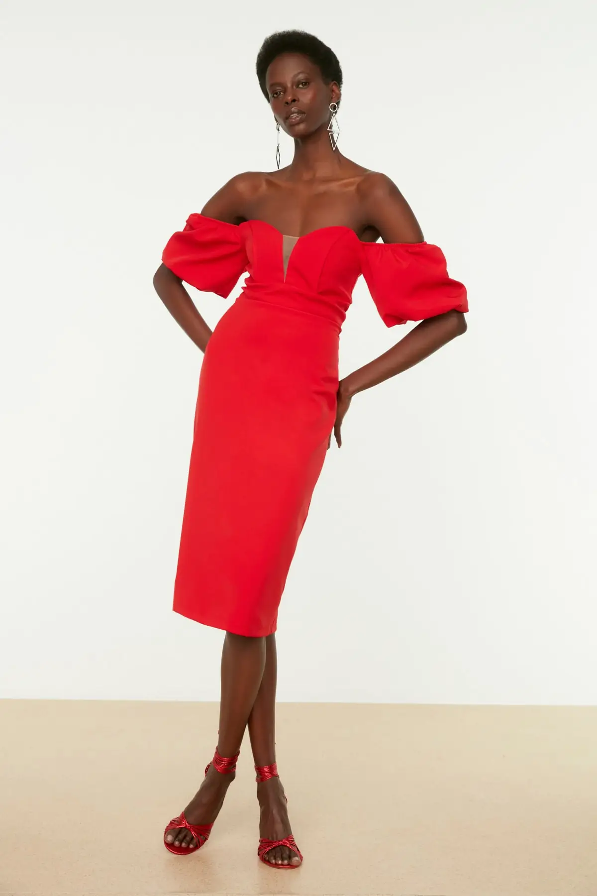 

Red Puffy Sleeve Dress TPRSS20EL1436