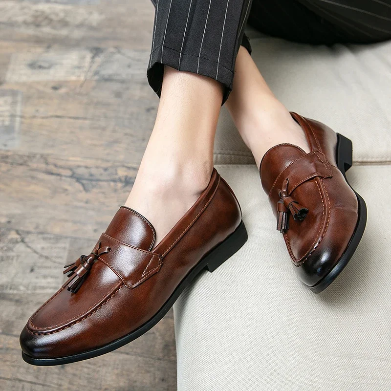 Large Tassel Loafers New Men PU Slip-on Round Head Low Heel Anti Slip Spring Autumn Business Men Dress Shoes